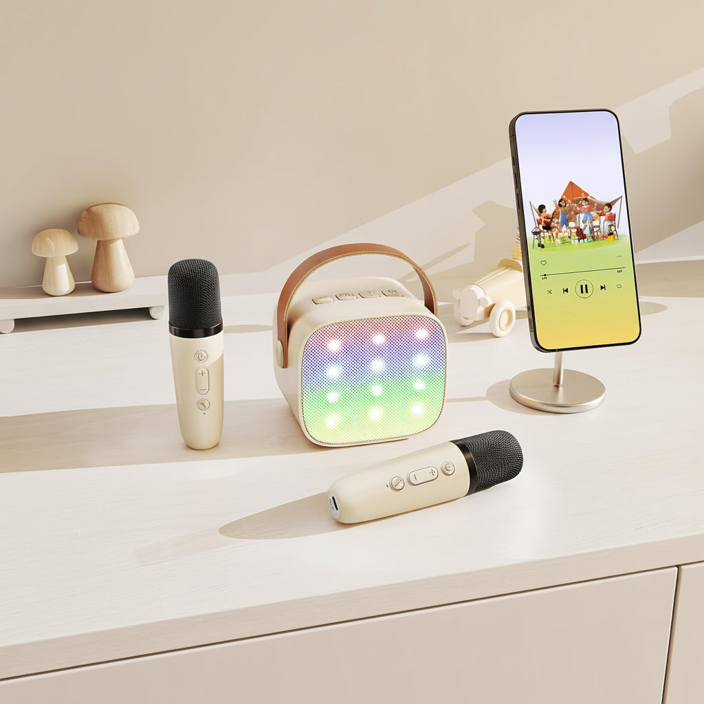 Karaoke-System mit Bluetooth, tragbarem Lautsprecher und kabellosen Mikrofonen