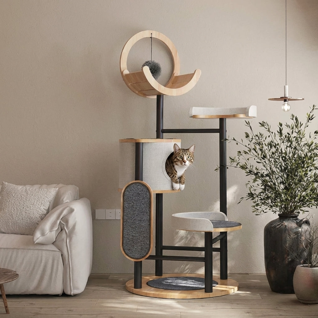 Multi-Level Cat Tree With Scratching Board And Cat Cave Rubberwood Steel Frame 70x96x167 | Rosalyssa