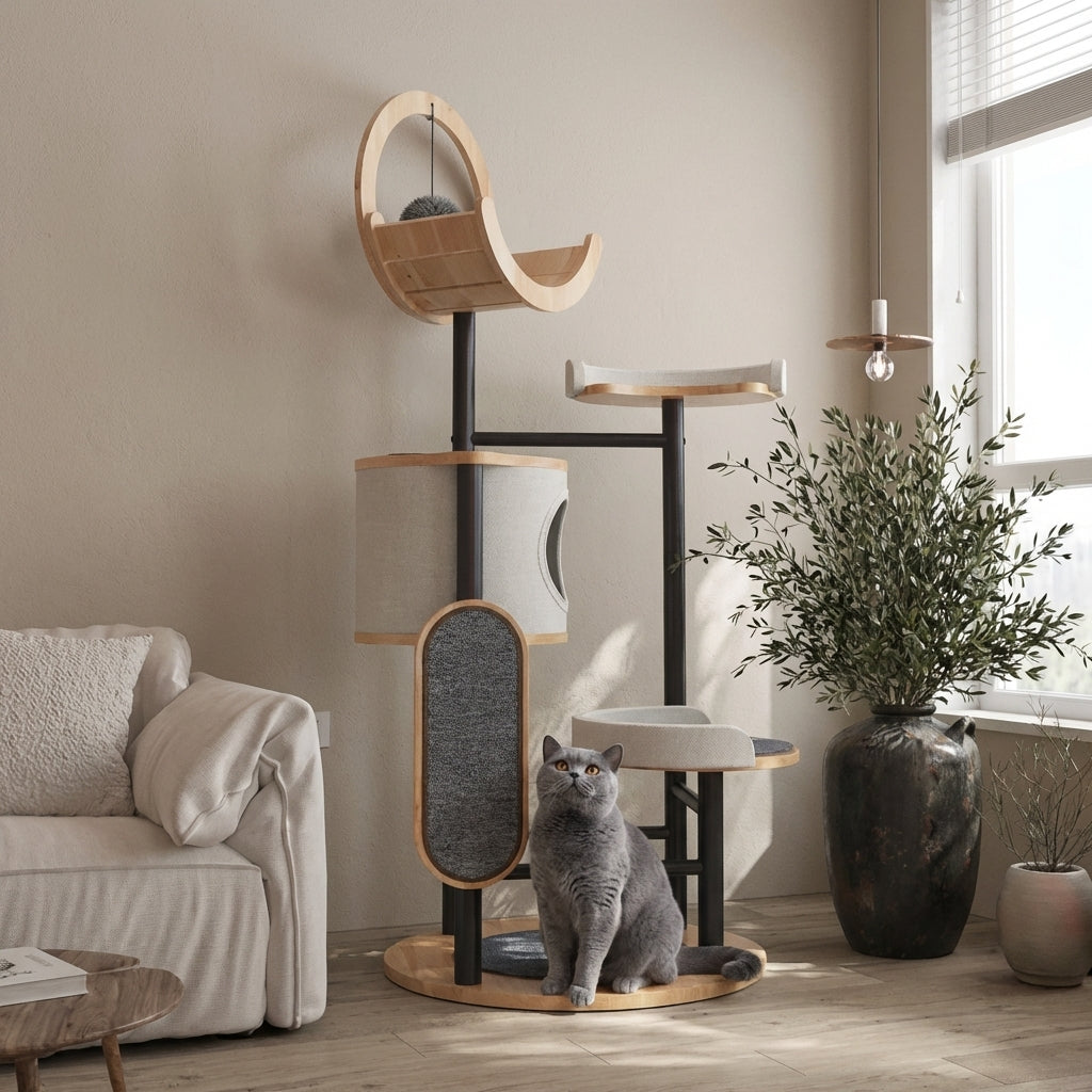 Multi-Level Cat Tree With Scratching Board And Cat Cave Rubberwood Steel Frame 70x96x167 | Rosalyssa