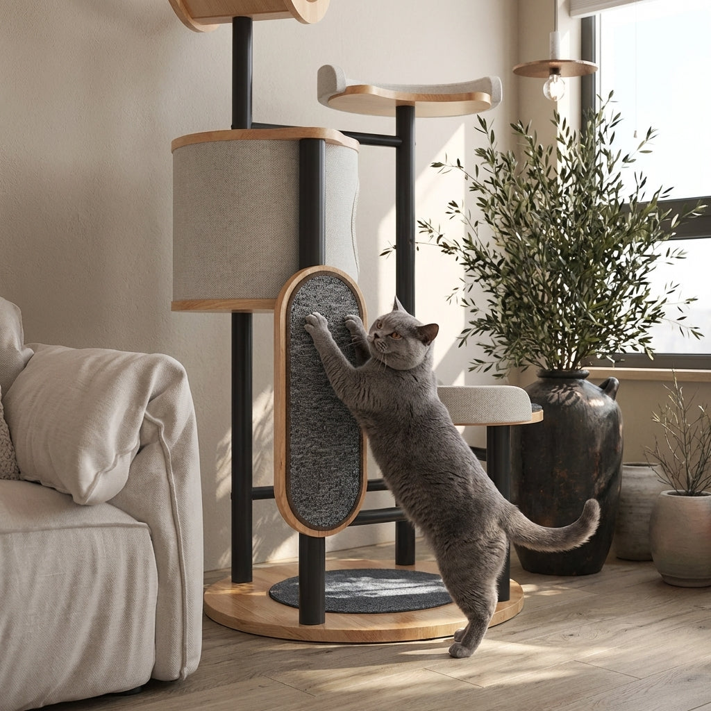 Multi-Level Cat Tree With Scratching Board And Cat Cave Rubberwood Steel Frame 70x96x167 | Rosalyssa