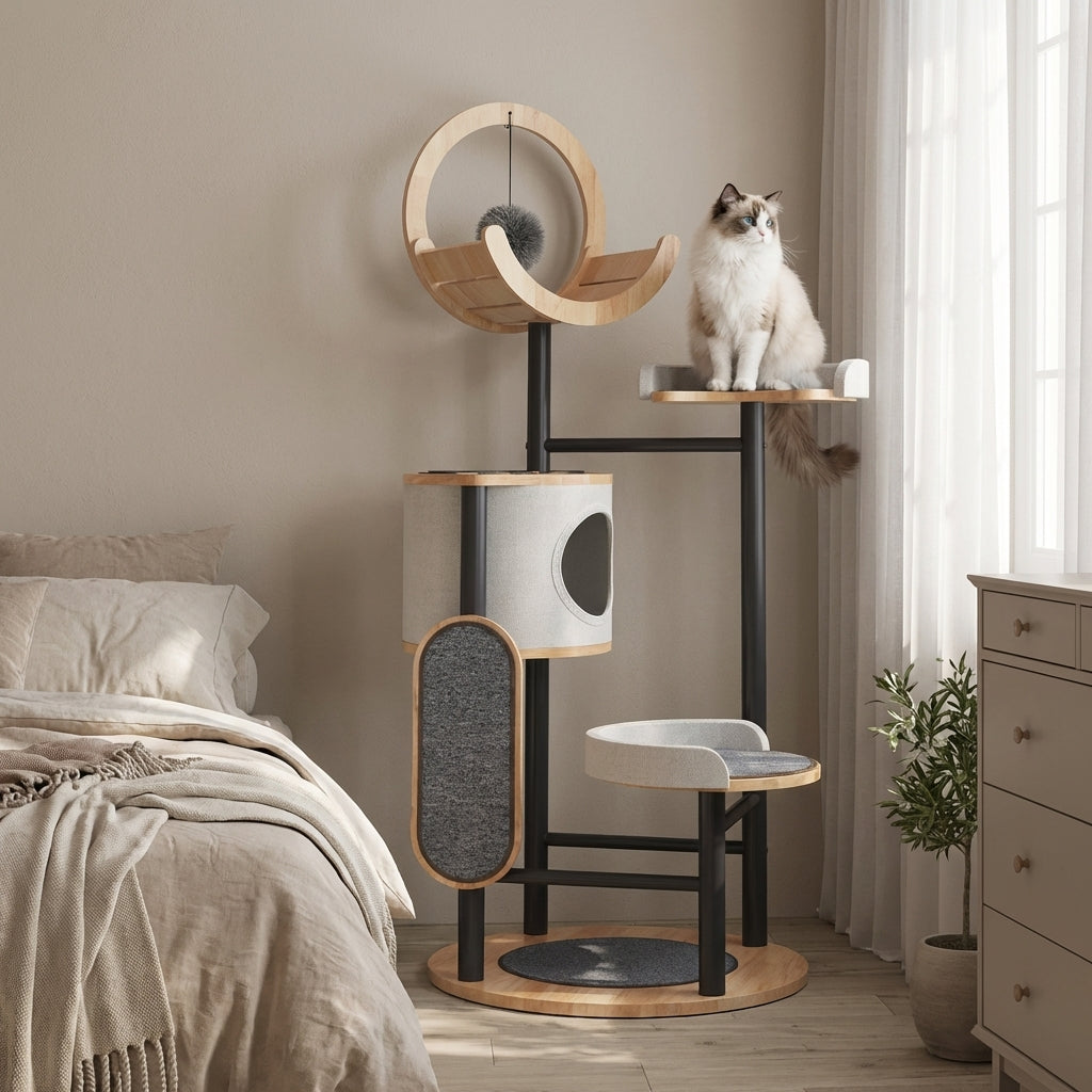 Multi-Level Cat Tree With Scratching Board And Cat Cave Rubberwood Steel Frame 70x96x167 | Rosalyssa