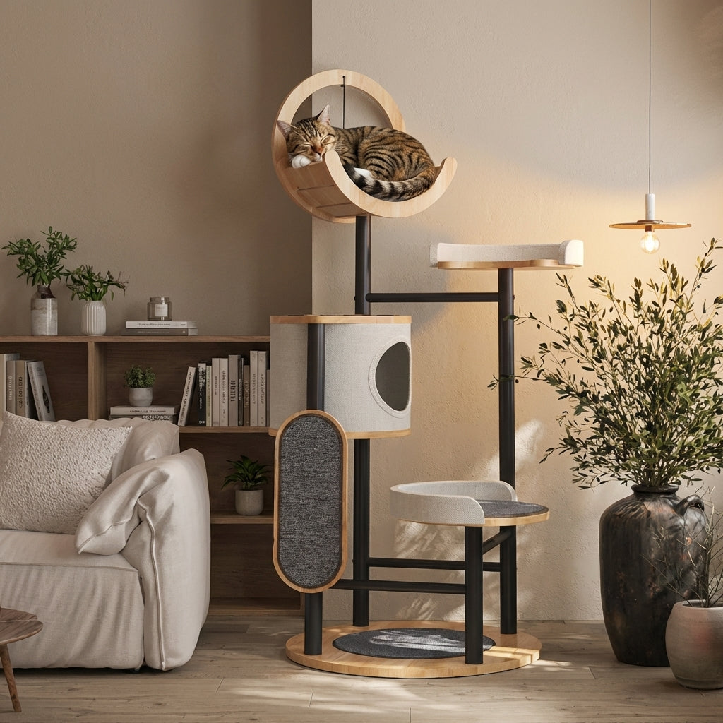 Multi-Level Cat Tree With Scratching Board And Cat Cave Rubberwood Steel Frame 70x96x167 | Rosalyssa