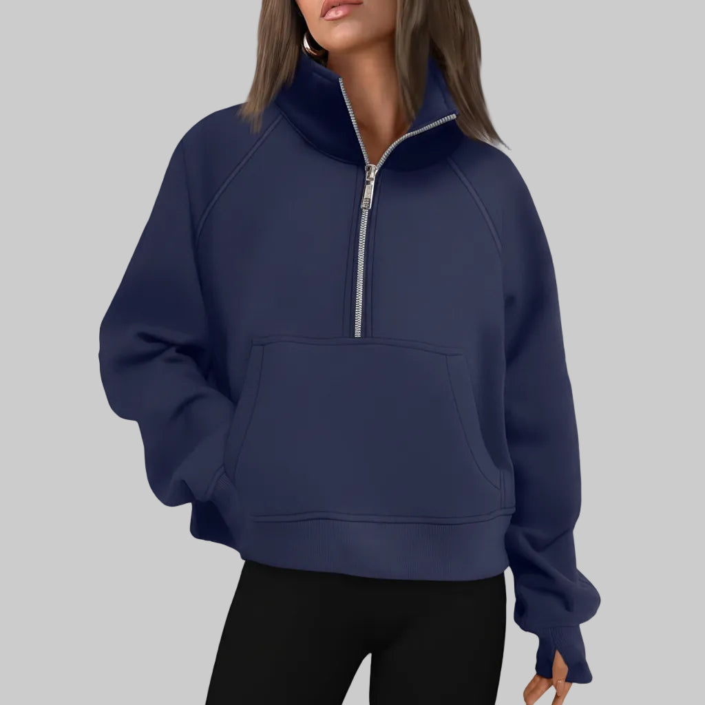 Dame Cropped Fleece Sweatshirt med Halv Lynlås til Hverdagsvarme