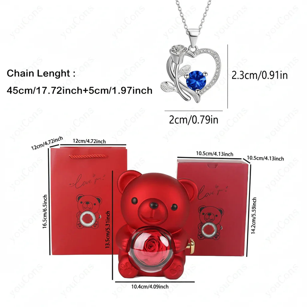 Colar com Pendente em Forma de Coração com Urso de Zircónio Caixa de Presente Rosa para Mulheres