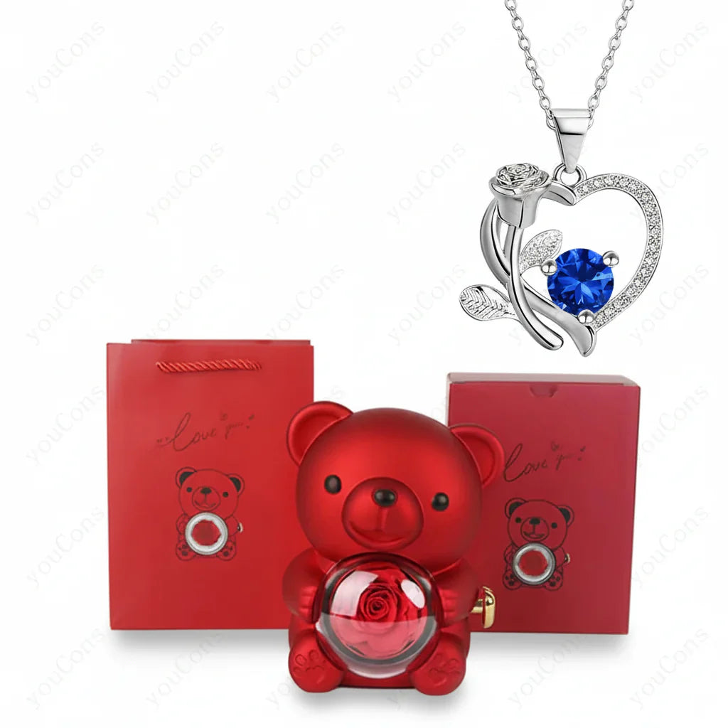 Colar com Pendente em Forma de Coração com Urso de Zircónio Caixa de Presente Rosa para Mulheres