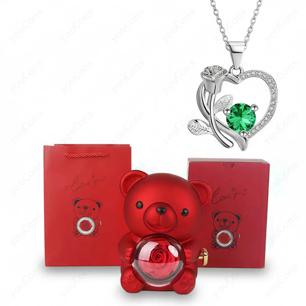 Colar com Pendente em Forma de Coração com Urso de Zircónio Caixa de Presente Rosa para Mulheres