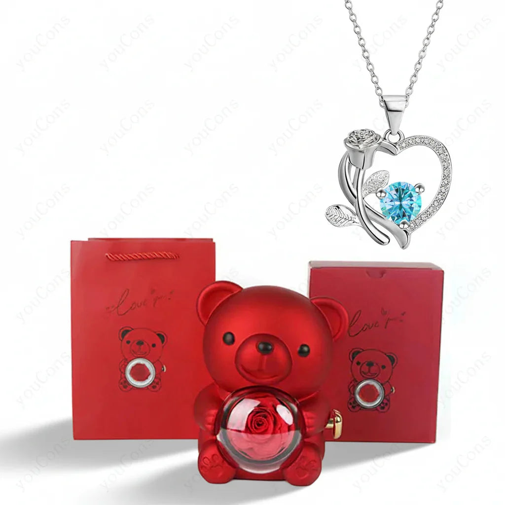 Colar com Pendente em Forma de Coração com Urso de Zircónio Caixa de Presente Rosa para Mulheres