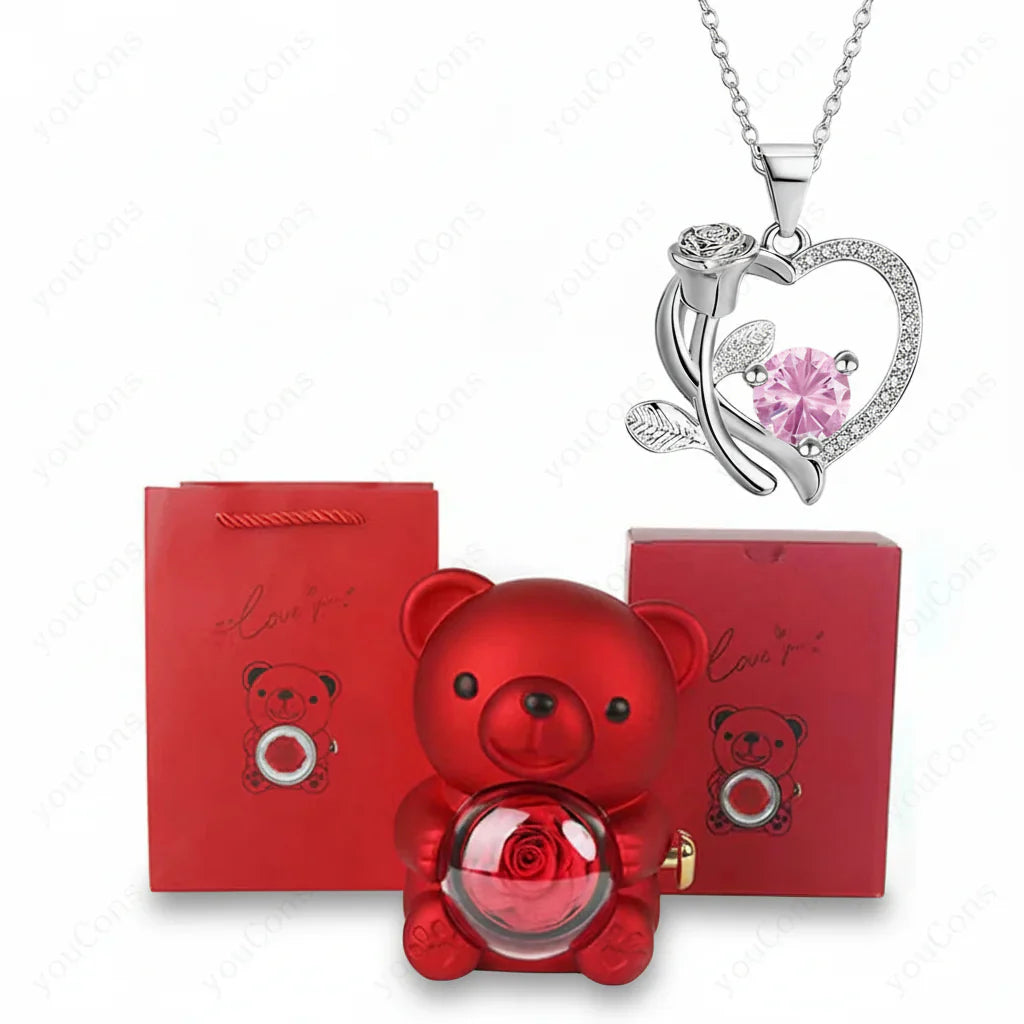 Colar com Pendente em Forma de Coração com Urso de Zircónio Caixa de Presente Rosa para Mulheres