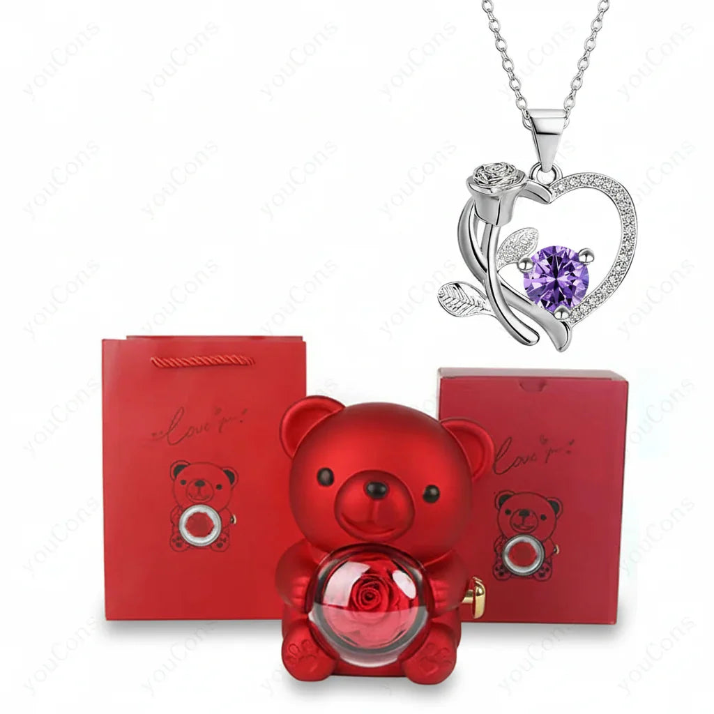 Colar com Pendente em Forma de Coração com Urso de Zircónio Caixa de Presente Rosa para Mulheres