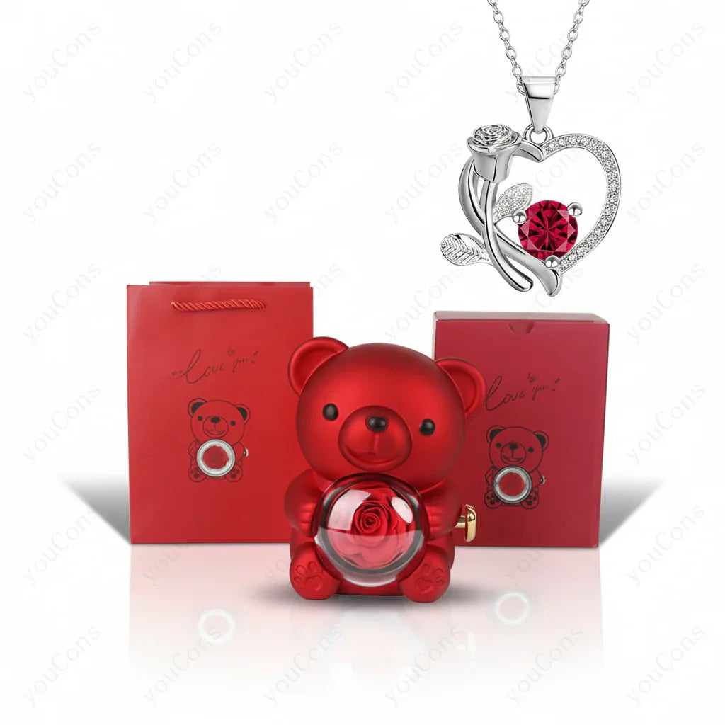 Colar com Pendente em Forma de Coração com Urso de Zircónio Caixa de Presente Rosa para Mulheres