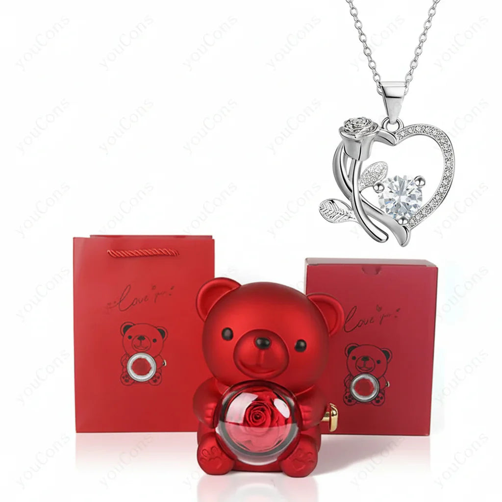 Colar com Pendente em Forma de Coração com Urso de Zircónio Caixa de Presente Rosa para Mulheres
