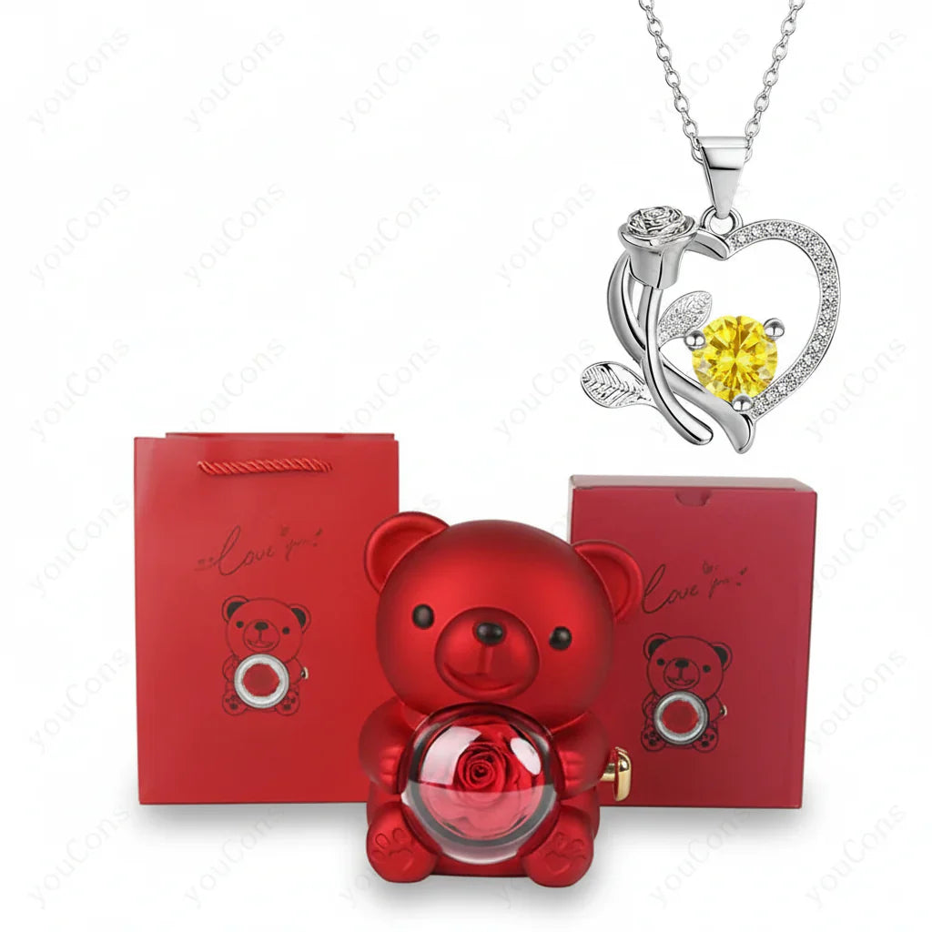 Colar com Pendente em Forma de Coração com Urso de Zircónio Caixa de Presente Rosa para Mulheres