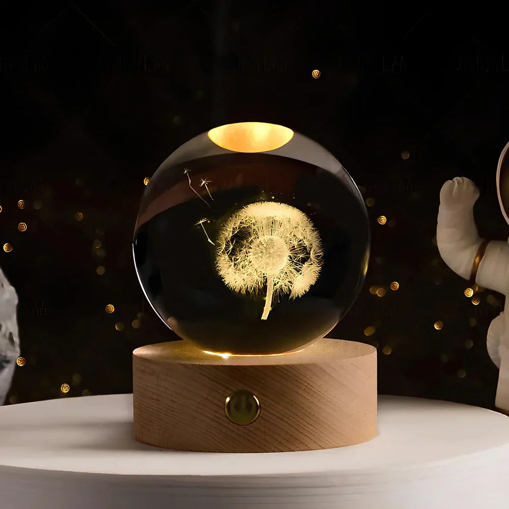 Lampe de nuit LED boule de cristal avec gravure 3D de planète lampe de table