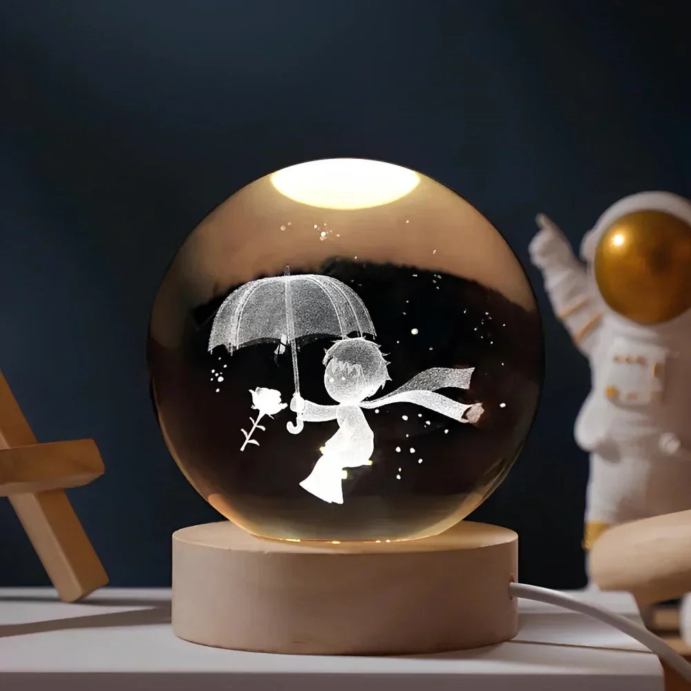 Lampe de nuit LED boule de cristal avec gravure 3D de planète lampe de table