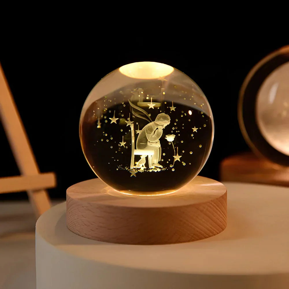 Lampe de nuit LED boule de cristal avec gravure 3D de planète lampe de table