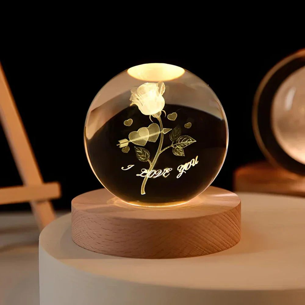 Lampe de nuit LED boule de cristal avec gravure 3D de planète lampe de table