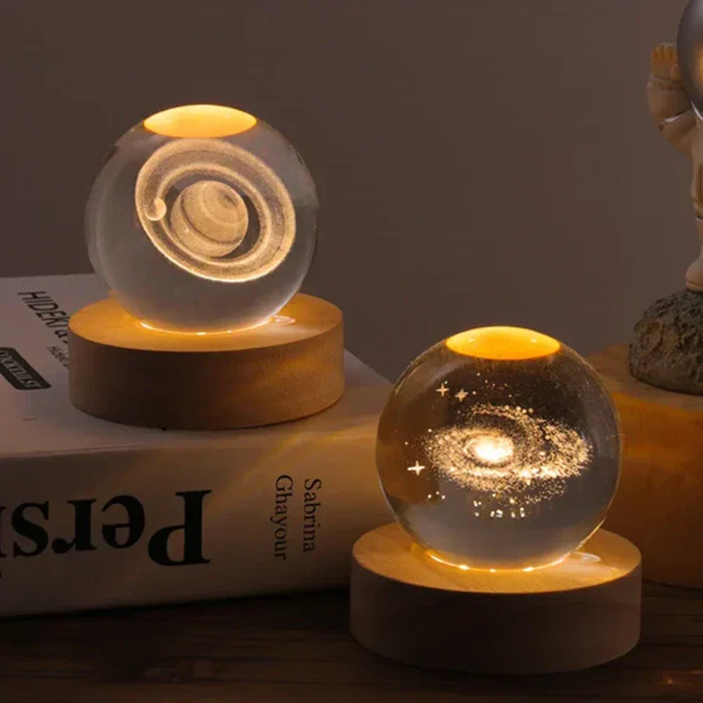 Lampe de nuit LED boule de cristal avec gravure 3D de planète lampe de table