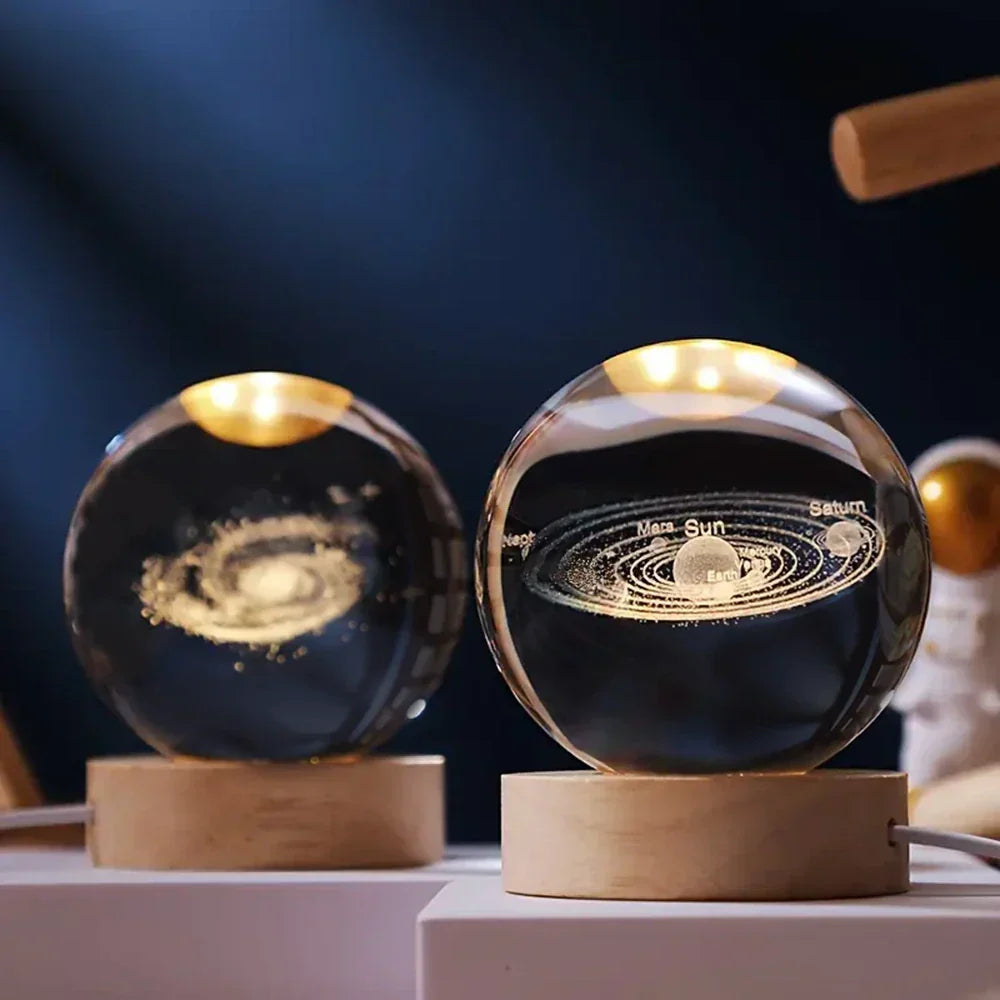 Lampe de nuit LED boule de cristal avec gravure 3D de planète lampe de table