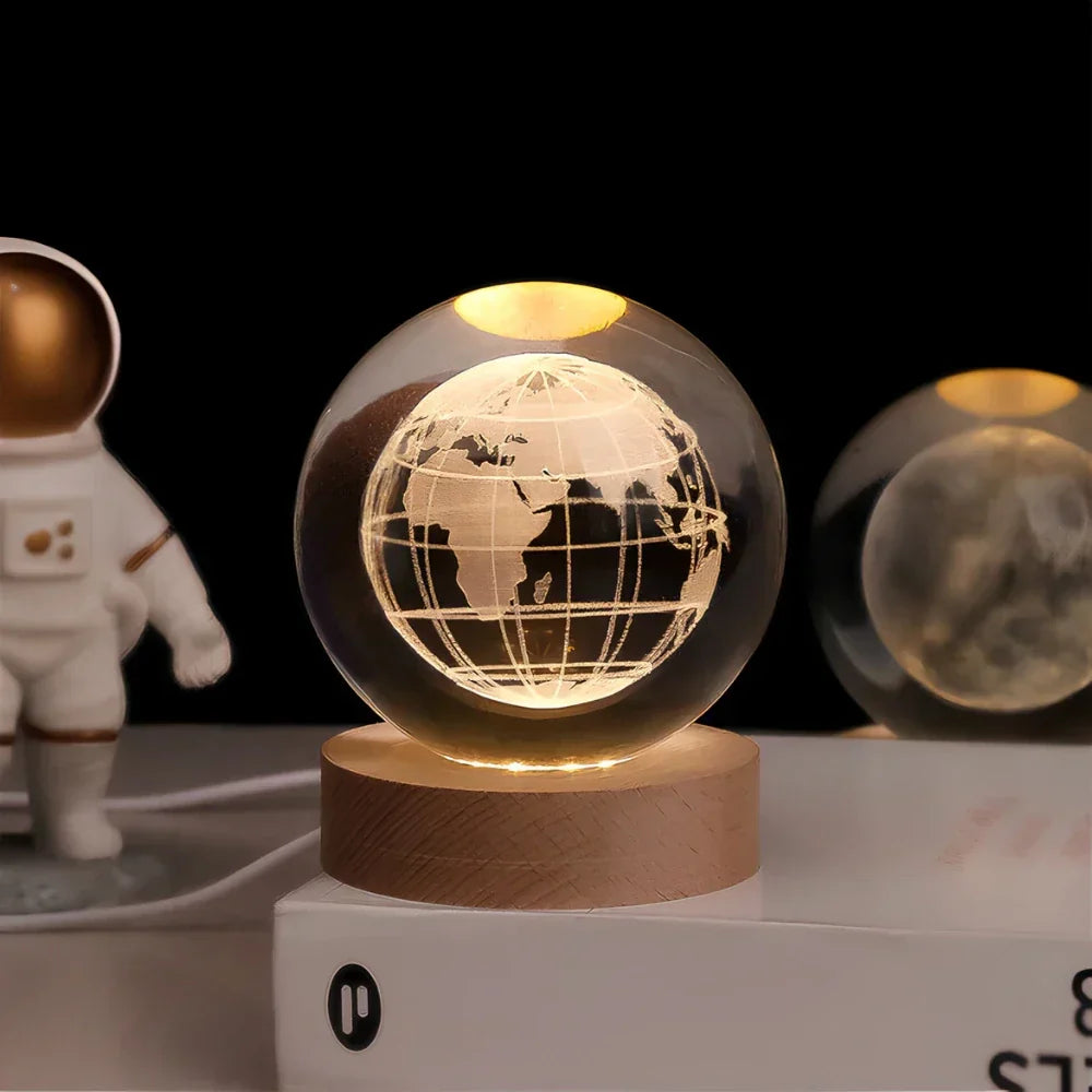 Lampe de nuit LED boule de cristal avec gravure 3D de planète lampe de table
