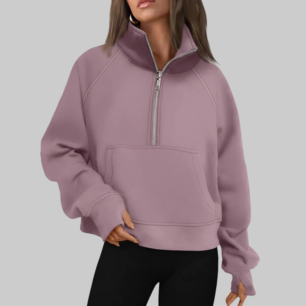 Dame Cropped Fleece Sweatshirt med Halv Lynlås til Hverdagsvarme