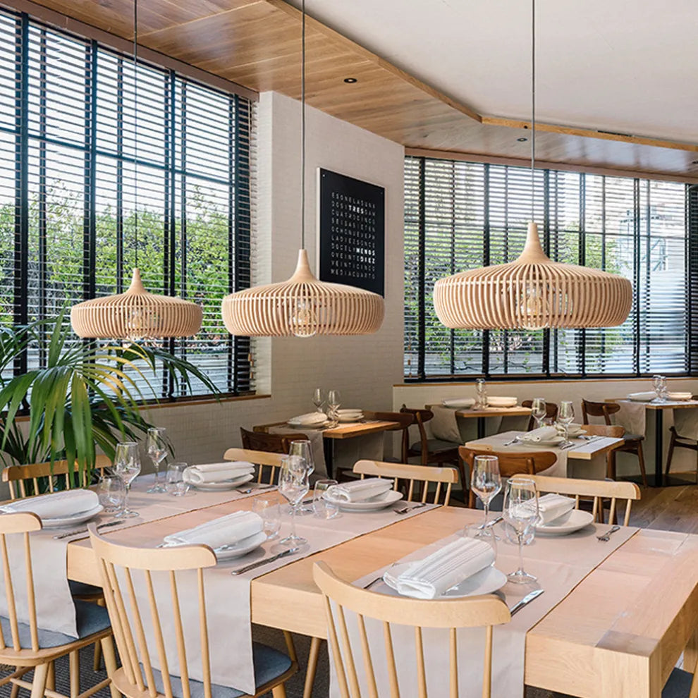 Wood Pendant Light With Minimalist Dome Shade For Indoor Use | Rosalyssa