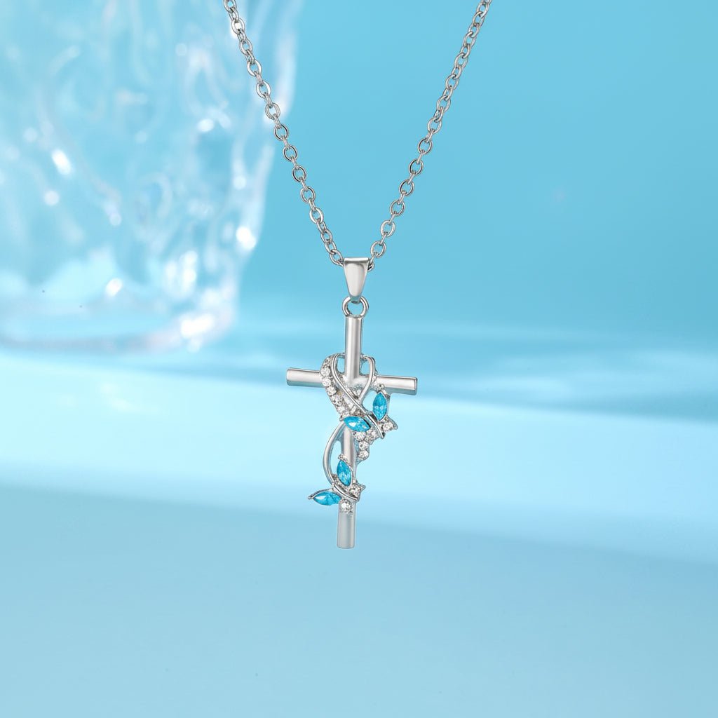 母の日 シルバークロス ネックレス リボンと青い宝石付き