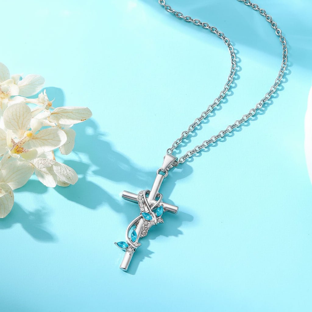 母の日 シルバークロス ネックレス リボンと青い宝石付き