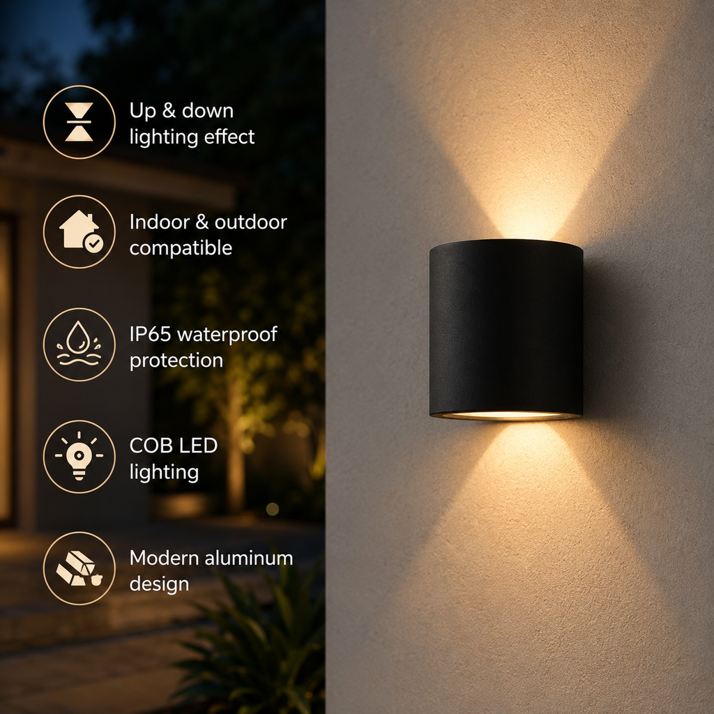 מנורת קיר LED אלגנטית עם קרני אור למעלה ולמטה לשימוש פנימי וחיצוני