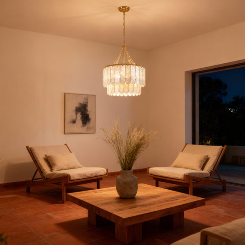 Araña de comedor moderna elegante AuroraLume con conchas de capiz