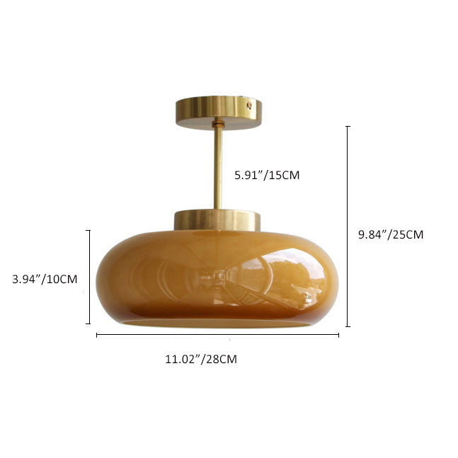 Lampada da soffitto vintage in ottone con paralume in vetro ambrato, montaggio semi a filo soffitto