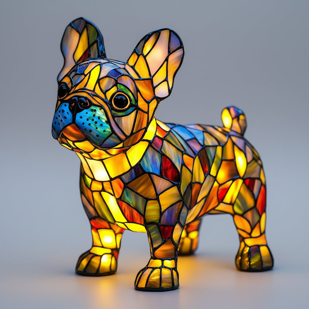 Bordlampe med hundemotiv og glassmaleri LED-nattlys
