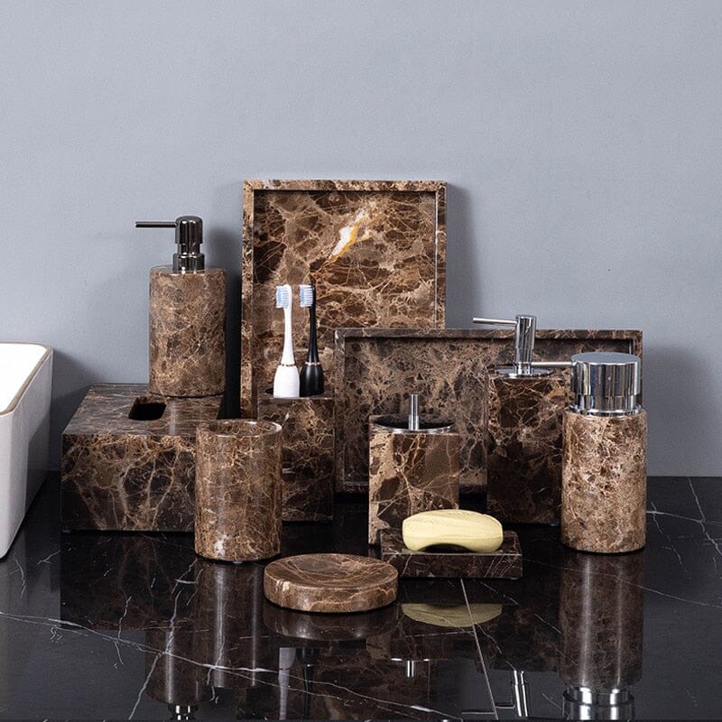 Aurea Bath Essentials With Dark Marble Accents For Elegant Spaces