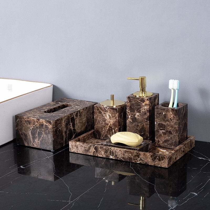 Aurea Bath Essentials With Dark Marble Accents For Elegant Spaces