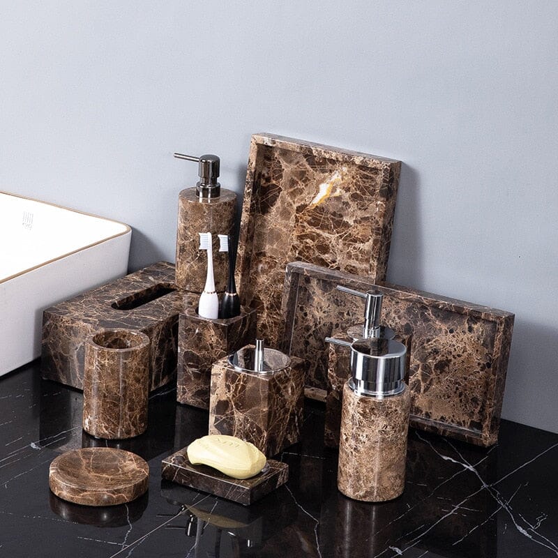 Aurea Bath Essentials With Dark Marble Accents For Elegant Spaces