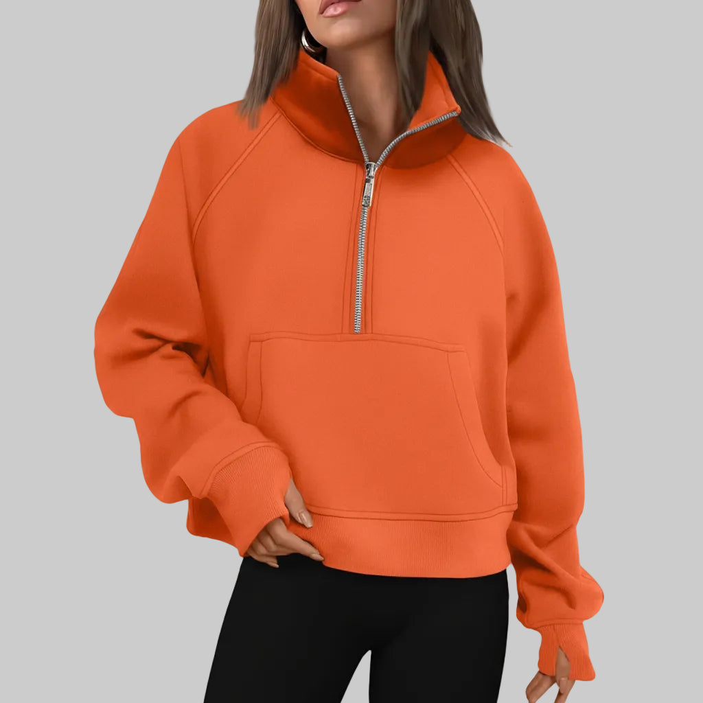 Dame Cropped Fleece Sweatshirt med Halv Lynlås til Hverdagsvarme