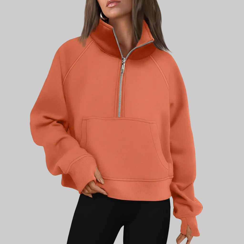 Dame Cropped Fleece Sweatshirt med Halv Lynlås til Hverdagsvarme