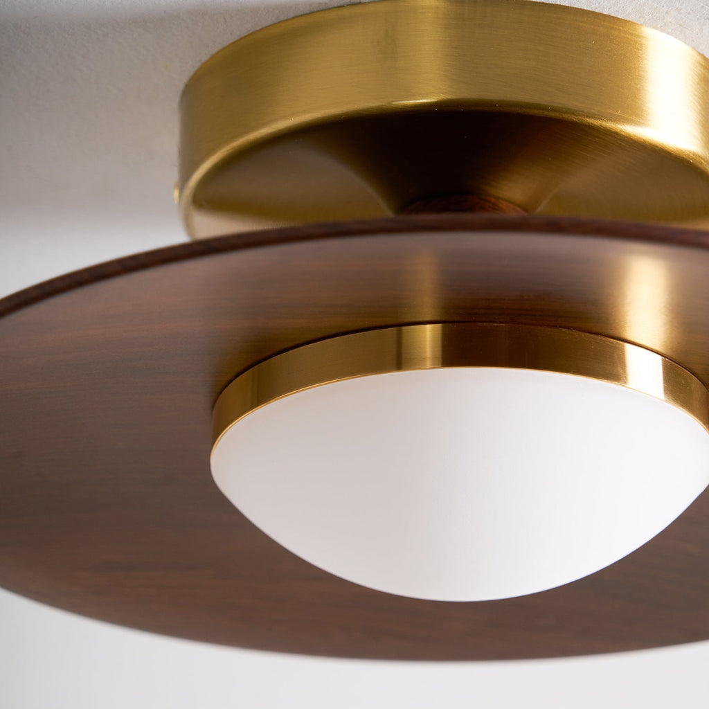 Kulaté LED stropní světlo s dřevěným vzhledem a zlatým rámem, 24 cm