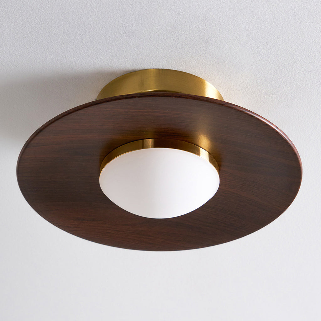 Kulaté LED stropní světlo s dřevěným vzhledem a zlatým rámem, 24 cm