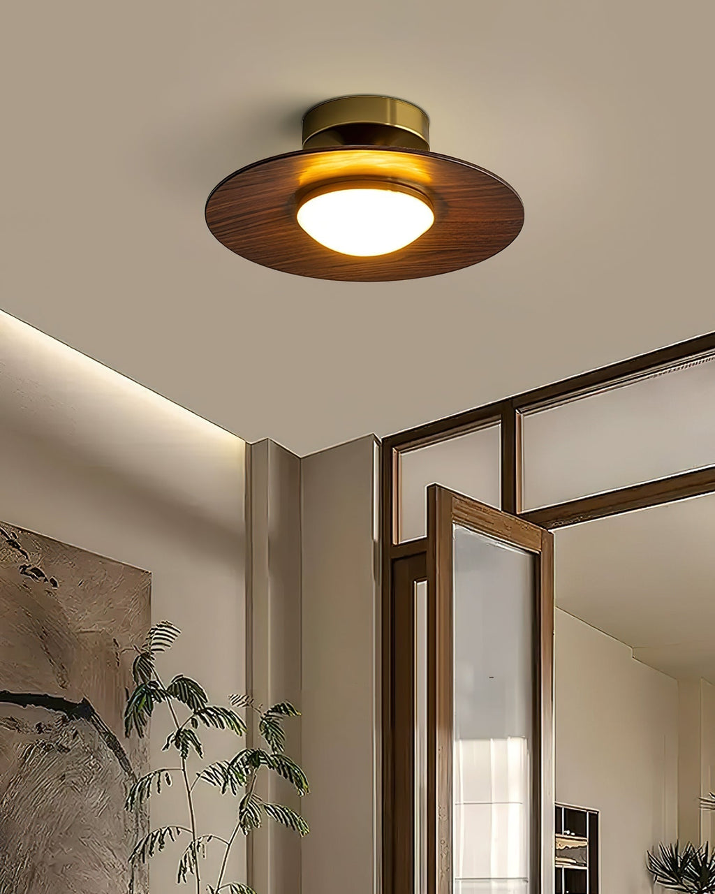 Kulaté LED stropní světlo s dřevěným vzhledem a zlatým rámem, 24 cm