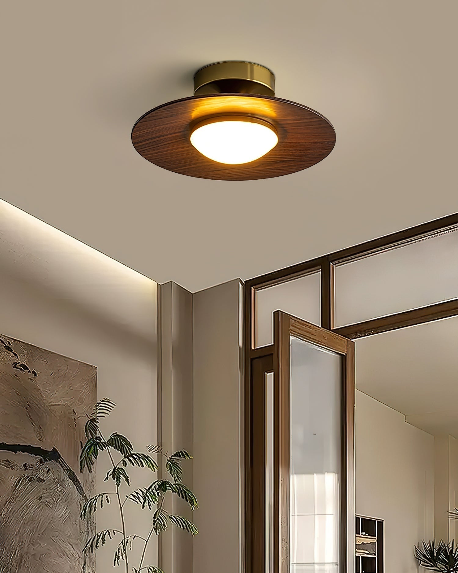 Kulaté LED stropní světlo s dřevěným vzhledem a zlatým rámem, 24 cm