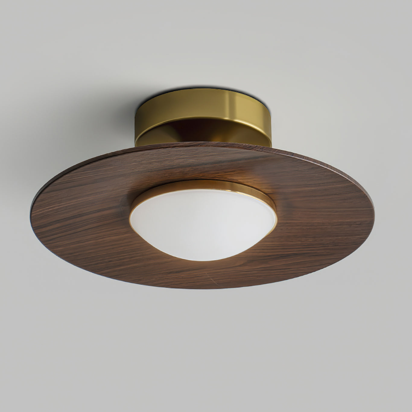 Kulaté LED stropní světlo s dřevěným vzhledem a zlatým rámem, 24 cm