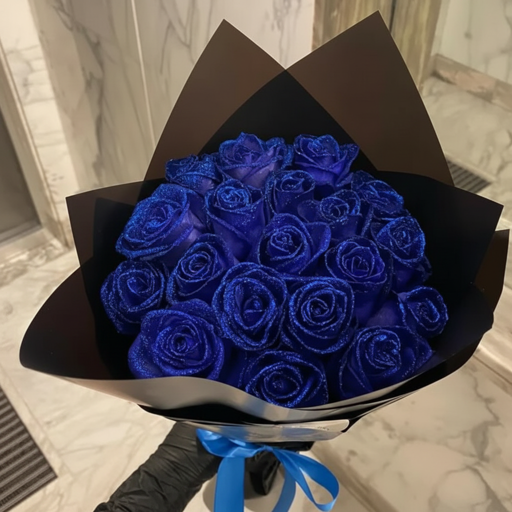 Blå glitterrose kunstig blomsterbukett til gave for anledninger