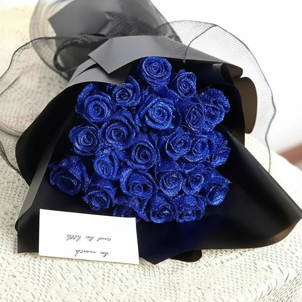 Blå glitterrose kunstig blomsterbukett til gave for anledninger