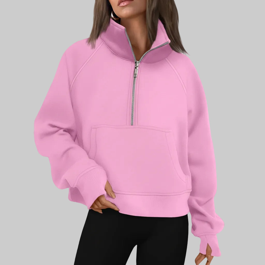 Dame Cropped Fleece Sweatshirt med Halv Lynlås til Hverdagsvarme