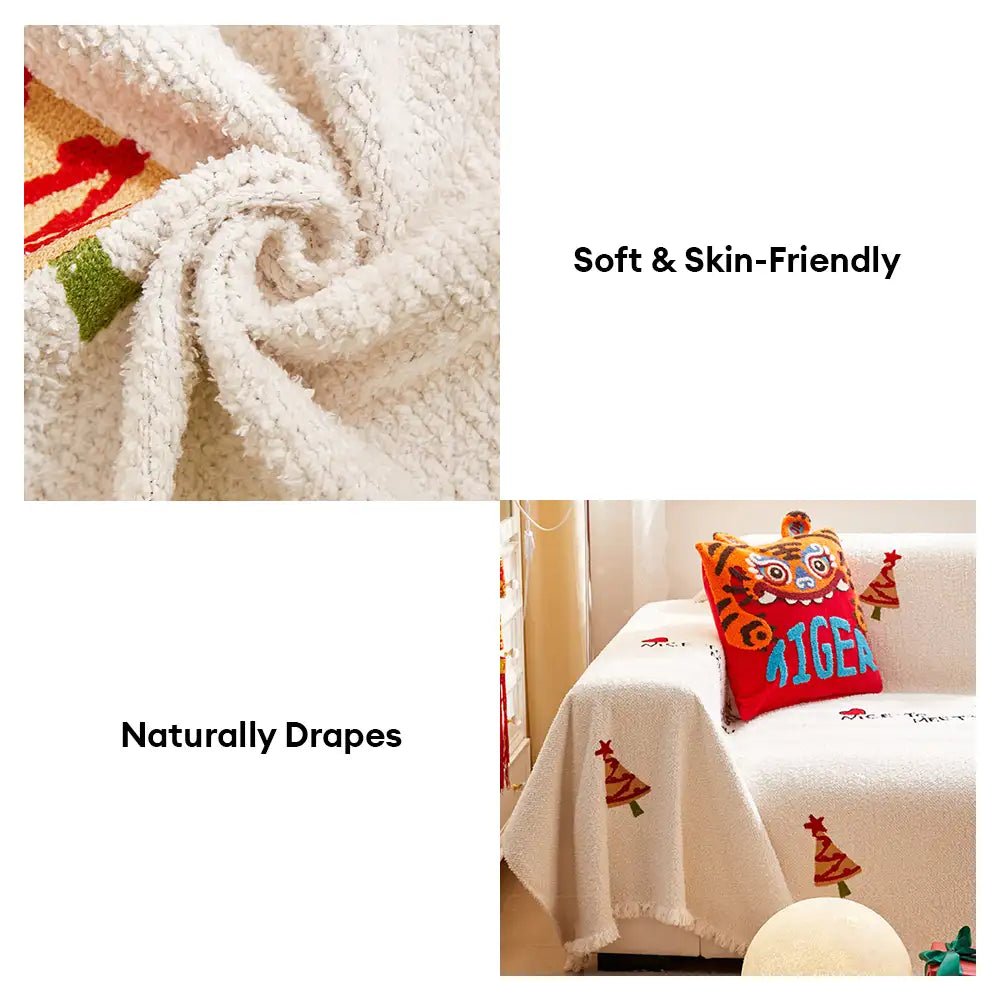 Snowhaven julemyk sofa-teppe med festlig tre-design og myk komfort