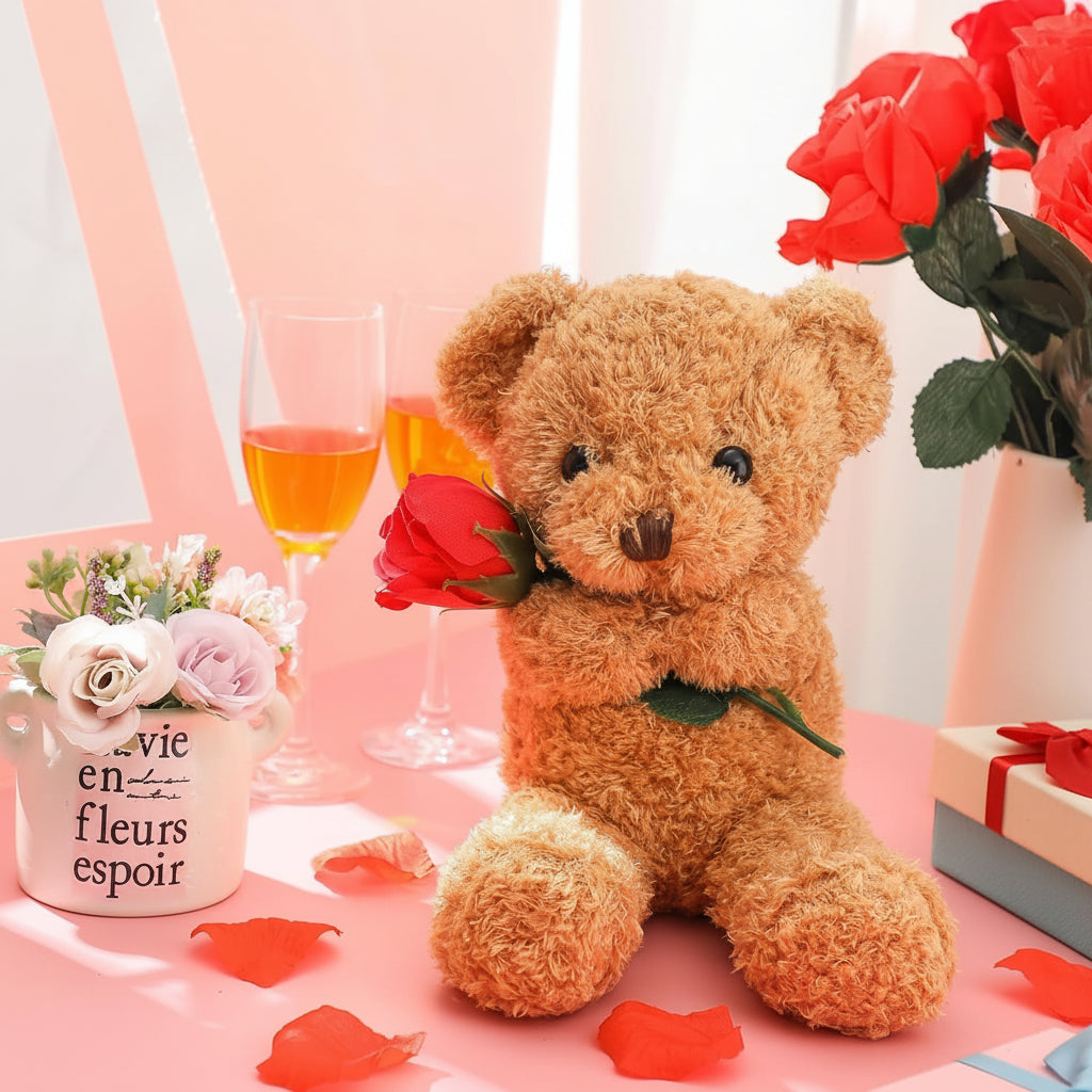 Valentine Rose Holding Plush Bear Gift For Your Loved One