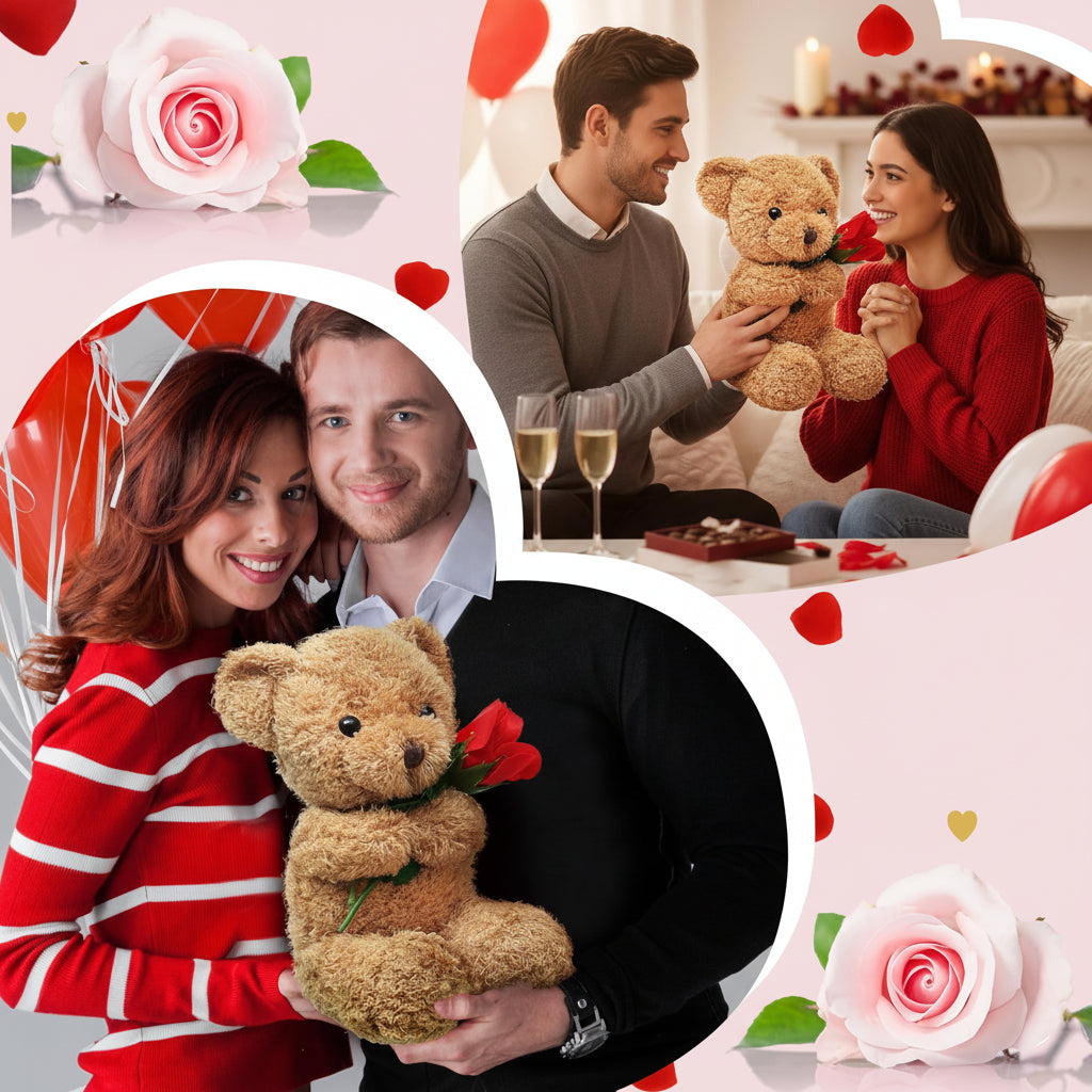 Valentine Rose Holding Plush Bear Gift For Your Loved One