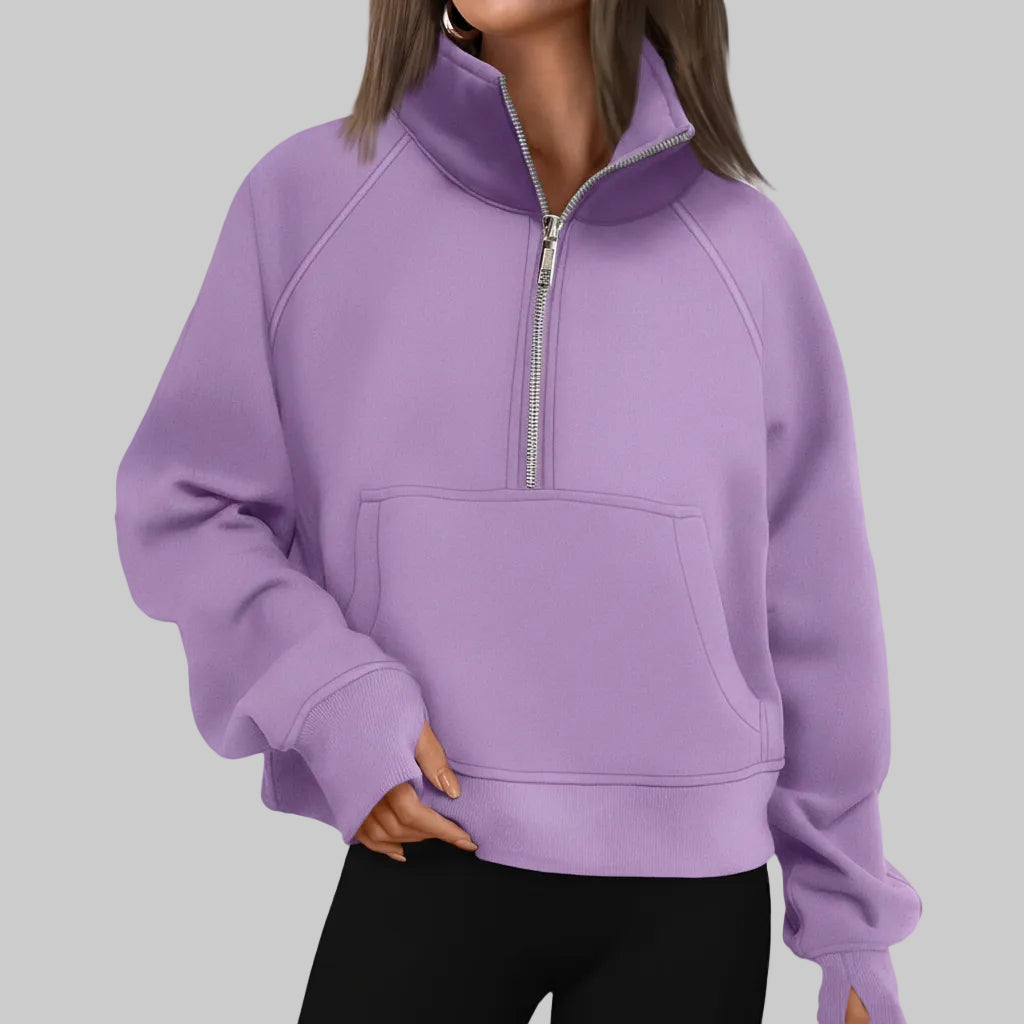Dame Cropped Fleece Sweatshirt med Halv Lynlås til Hverdagsvarme