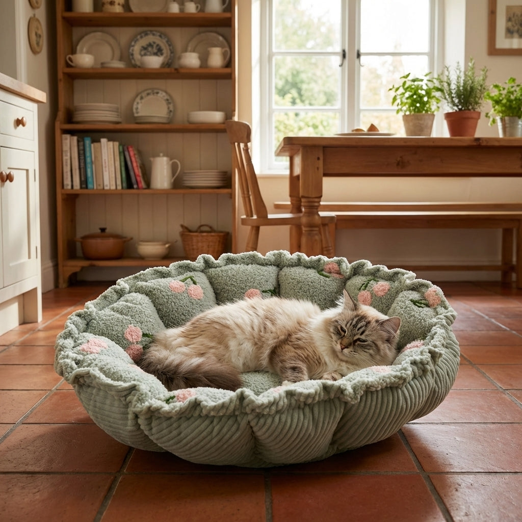 Verstellbares Katzenbett in Blütenblattform mit samtigem Wolken-Kirschmuster S/M | Rosalyssa