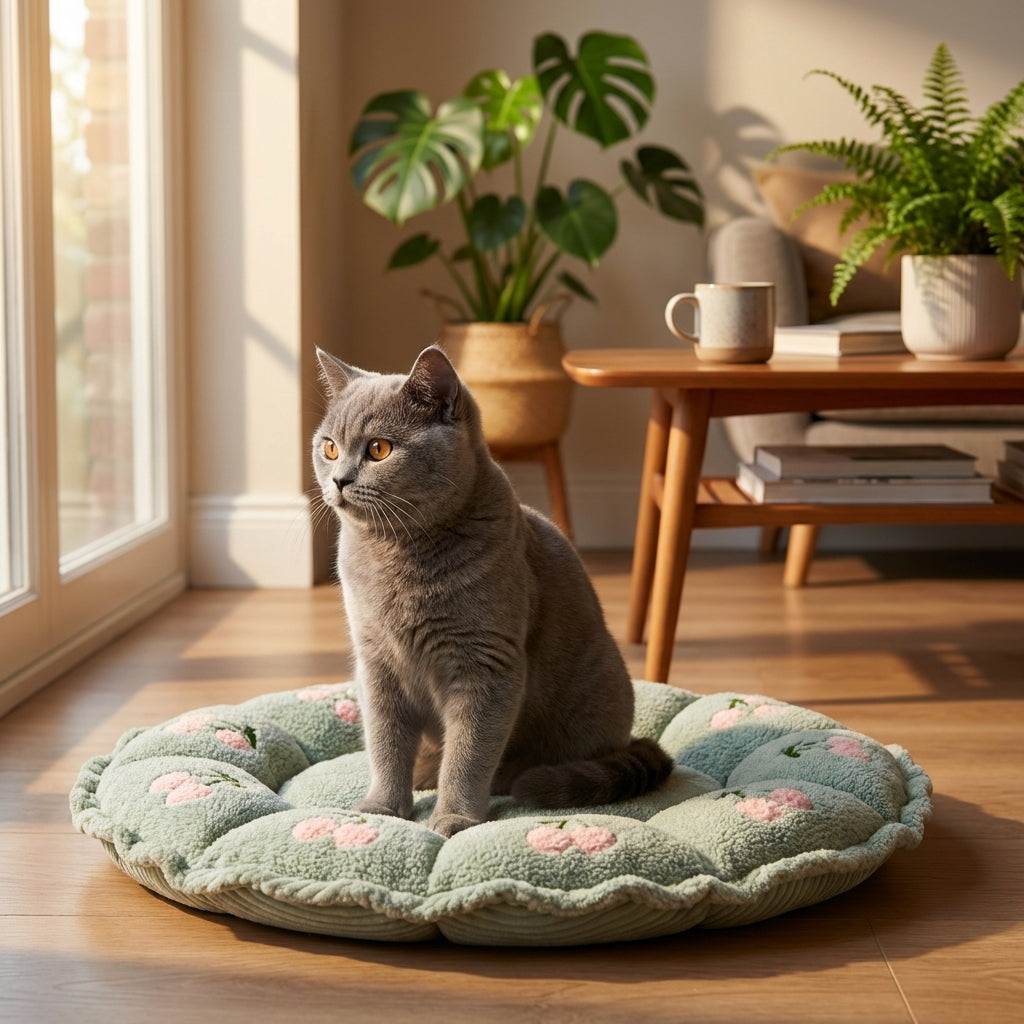 Verstellbares Katzenbett in Blütenblattform mit samtigem Wolken-Kirschmuster S/M | Rosalyssa